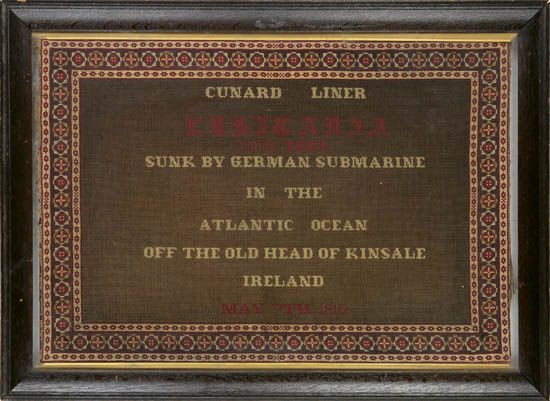 (CUNARD LINE.) Lusitania. Early needlepoint or counted thread memorial embroidery,